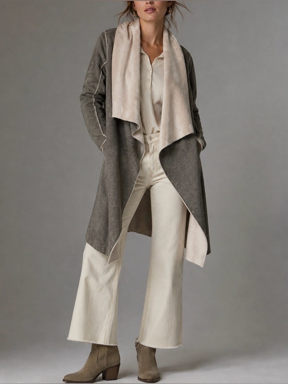 Anthropologie Amadi Camilla Sueded Sherpa Duster Longline Jacket M Gray Boho